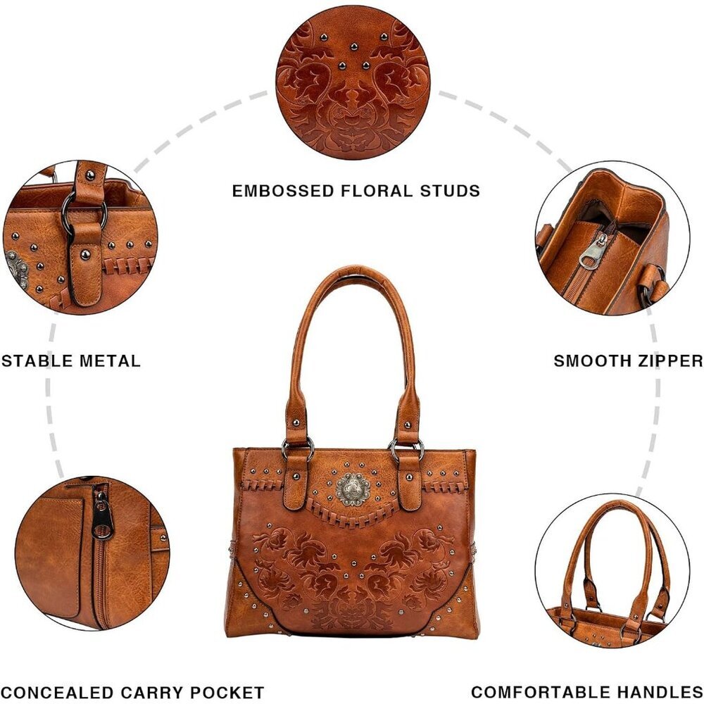 Women's Brown Pu Leather Large Western Top Handle Vintage Embossed Shoulder Bag - Picture 5 of 6